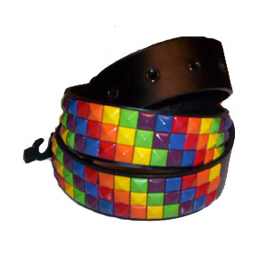 Curea SKA imitatie piele cu 3 randuri de piramide mari Rainbow in zig zag (JHN)(CJL)