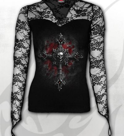 Longsleeve dama D019F434 - VAMP FANGS Lace Neck Goth