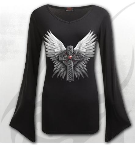 Longsleeve D036F436  FREEDOM CROSS - V Neck Goth Sleeve Top Black