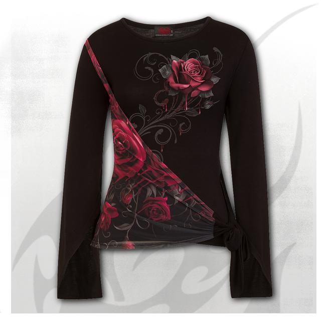 Longsleeve dama   K052F467   ROSE SLANT - Blood Rose Sash Wrap Goth Sleeve Top