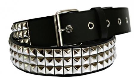 Curea imitatie piele neagra cu 3 randuri de piramide argintii