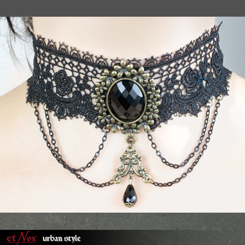 UK4071 Colier Big Black Ornament Lace - choker dantela
