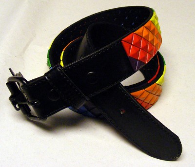 Curea neagra imitatie piele cu 3 randuri de piramide diagonale Rainbow (G0036)