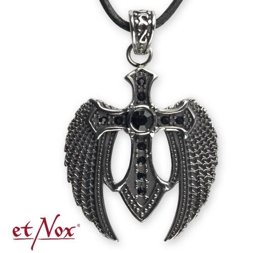 SK4056 Pandantiv de inox Winged Cross cu piatra neagra