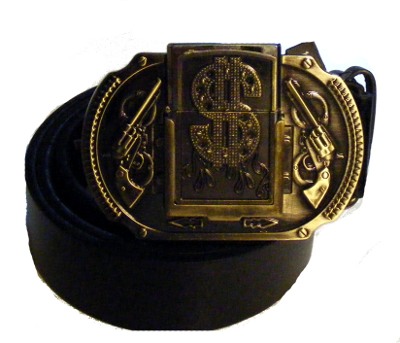 Curea imitatie piele neagra cu Catarama Dollar Auriu si Bricheta