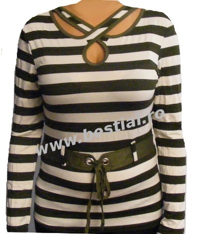 Tricou cu maneca lunga in dungi albe si oliv