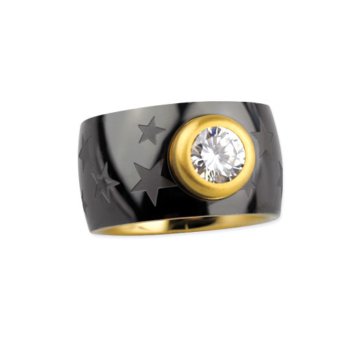 SR1035 Inel de inox Stars with zirconia, black inside gold