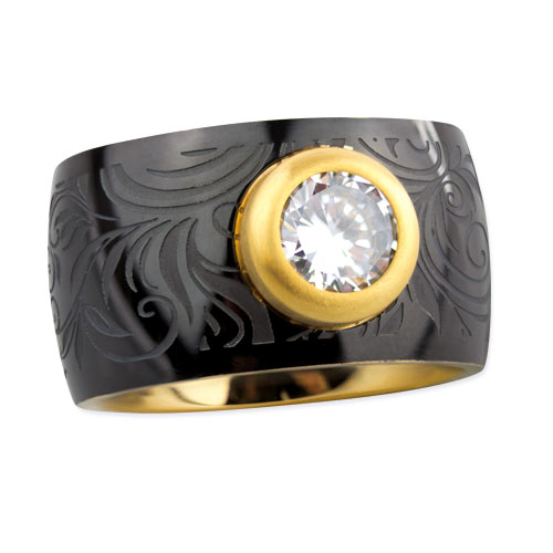 SR1037 Inel de inox Floral with zirconia, black inside gold