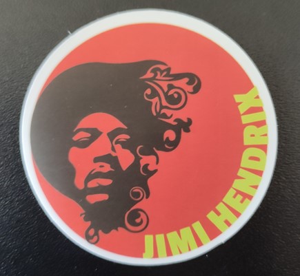 Sticker (abtibild) Jimi Hendrix rosu rotund (JBG)