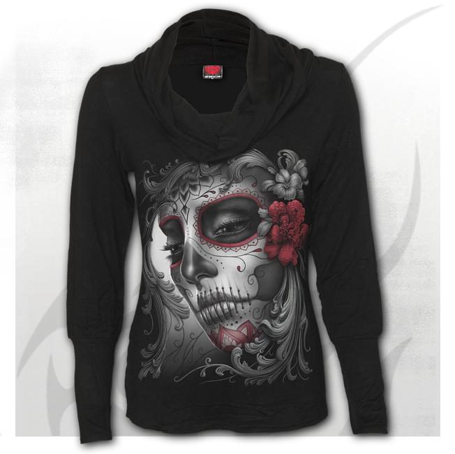 Top dama  D058F444 SKULL ROSES - Cowl Neck Top Black