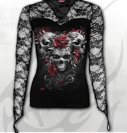 Top dama E024F434 SKULLS N ROSES - Lace Neck Goth Top Black
