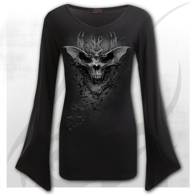 Longsleeve dama E031F436 - BAT SKULL V Neck Goth Sleeve