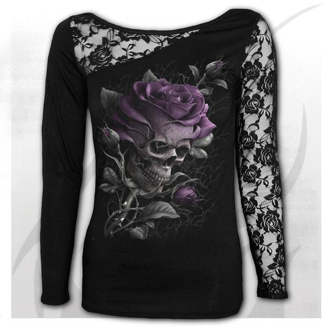 Longsleeve dama K059F439 - SKULL ROSE Lace One Shoulder